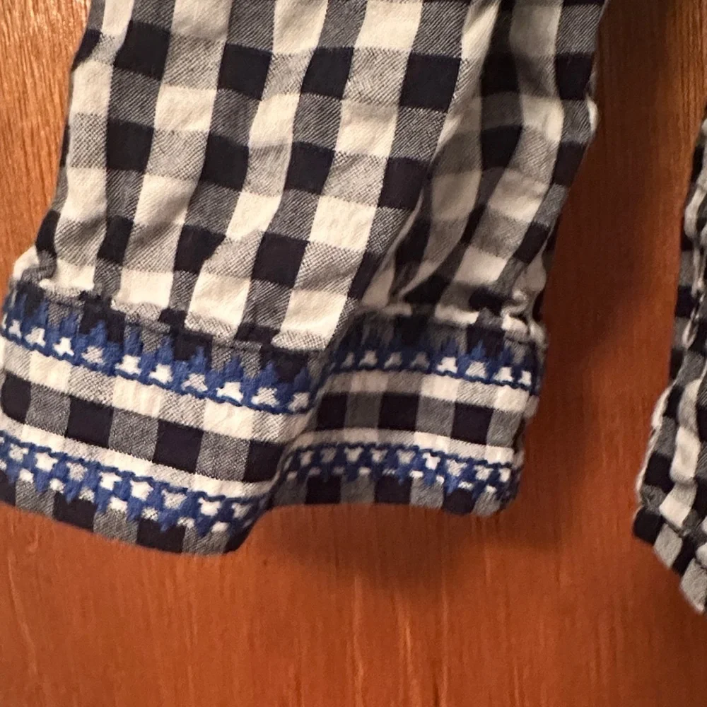 J. Crew Navy and White Checkered Blouse with Embroidery - Preloved